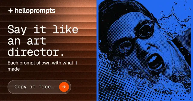 Social ad for HelloPrompts: "Say it like an art director." Agentic glass style, bottom layout, dark palette in orange, blue, black.