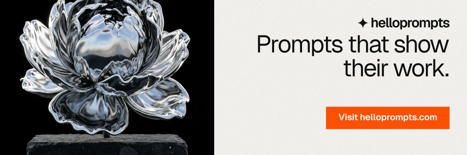X header for HelloPrompts: "Prompts that show their work." Swiss style, right layout, light palette in white, grey, black.