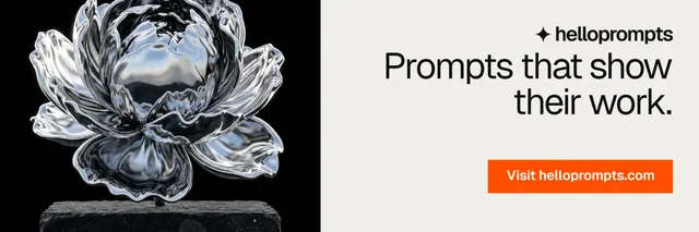 X header for HelloPrompts: "Prompts that show their work." Swiss style, right layout, light palette in white, grey, black.