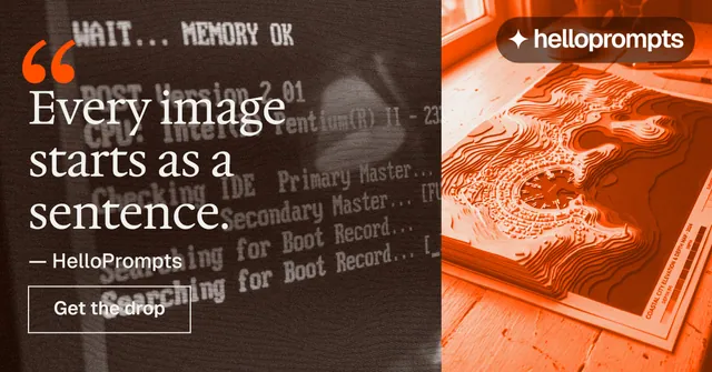 Social ad for HelloPrompts: "Say it like an art director." Editorial style, quote layout, dark palette in orange, brown.