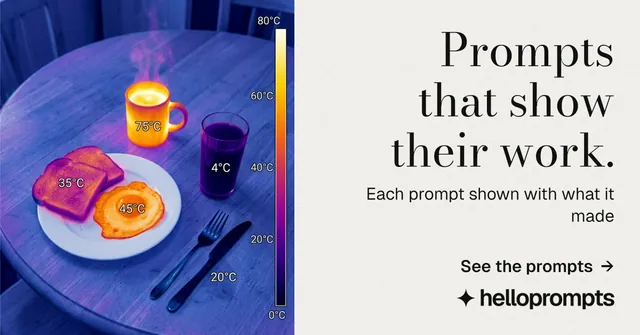 Social ad for HelloPrompts: "Prompts that show their work." Minimal luxury style, right layout, light palette in white, blue.