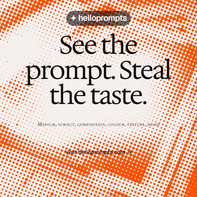 Instagram post for HelloPrompts: "See the prompt. Steal the taste." Swiss style, smallcaps layout, light palette in orange, white.