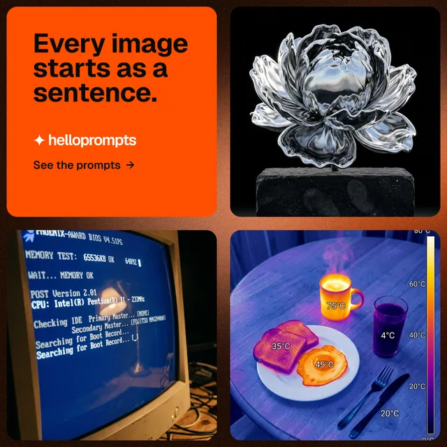 Instagram post for HelloPrompts: "Every image starts as a sentence." Agentic glass style, collage layout, dark palette in black, red, grey.