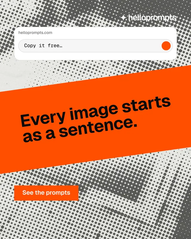 Instagram portrait post for HelloPrompts: "Every image starts as a sentence." Split block style, diagonal layout, light palette in grey, orange, white.