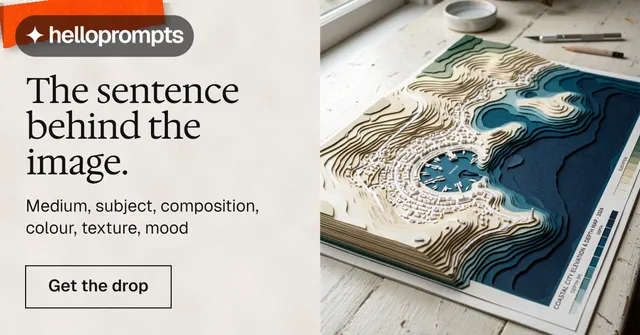 Social ad for HelloPrompts: "The sentence behind the image." Editorial style, bottom layout, light palette in grey, orange, white.