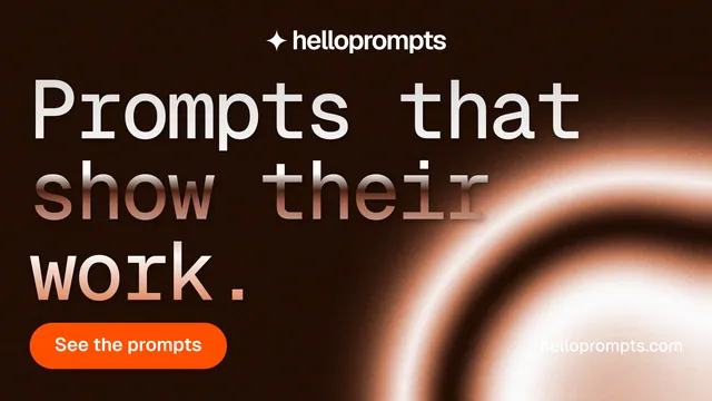 Landscape graphic for HelloPrompts: "Prompts that show their work." Y2K style, poster layout, dark palette in black, orange.
