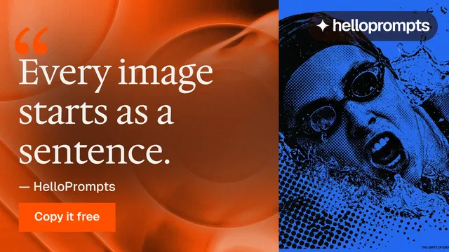 Landscape graphic for HelloPrompts: "The art of speaking to machines." Swiss style, quote layout, dark palette in orange, blue.