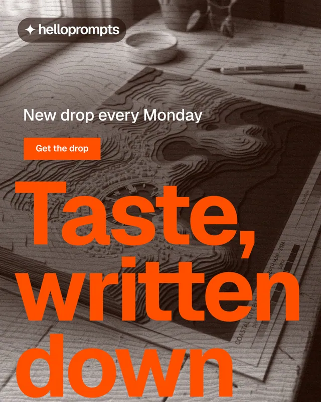 Instagram portrait post for HelloPrompts: "Say it like an art director." Swiss style, oversized layout, dark palette in orange, grey, brown.