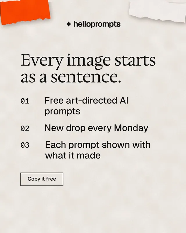 Instagram portrait post for HelloPrompts: "Every image starts as a sentence." Editorial style, numbered layout, light palette in orange.
