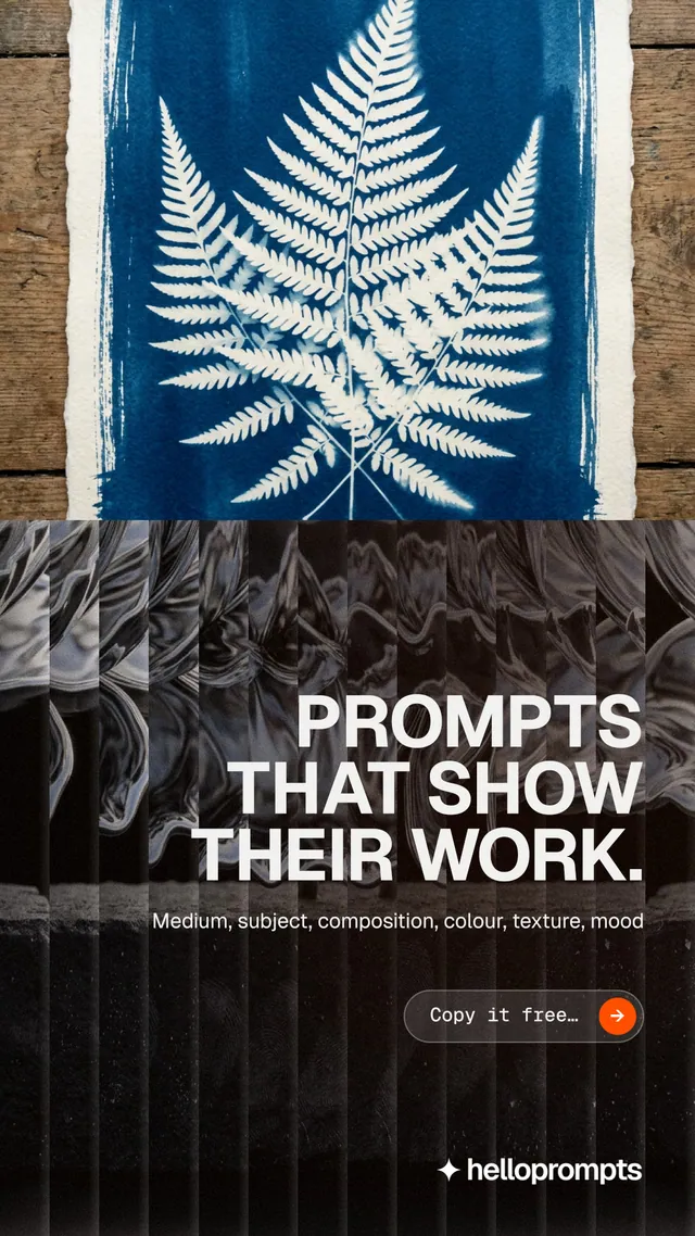 Instagram story for HelloPrompts: "Prompts that show their work." Agentic glass style, right layout, dark palette in black, grey.