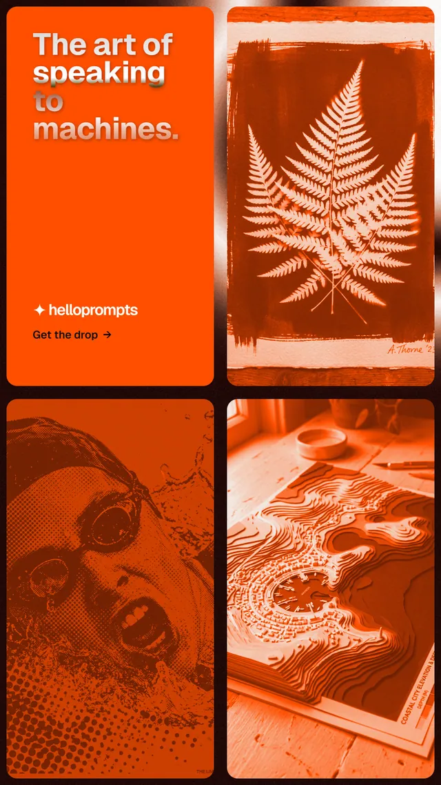 Instagram story for HelloPrompts: "The art of speaking to machines." Agentic glass style, collage layout, dark palette in orange.