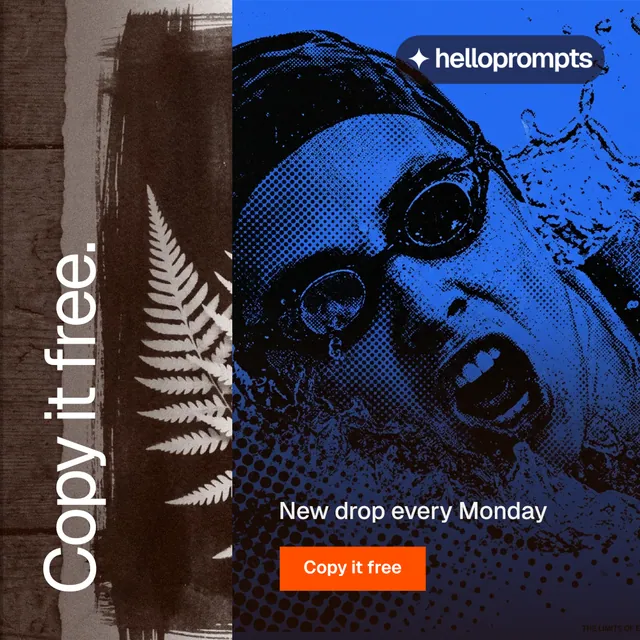 Instagram post for HelloPrompts: "Copy it free." Swiss style, vertical layout, dark palette in black, grey, blue.