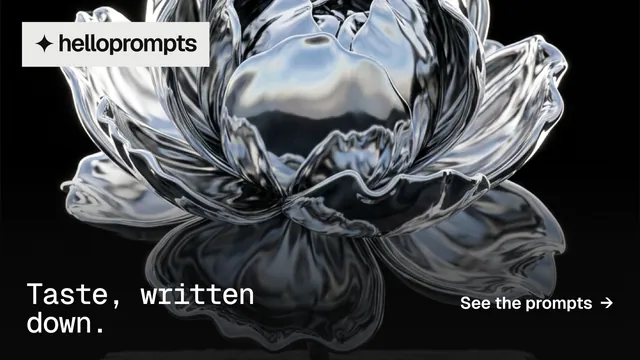 Landscape graphic for HelloPrompts: "Taste, written down." Split block style, image led layout, dark palette in black, grey, white.