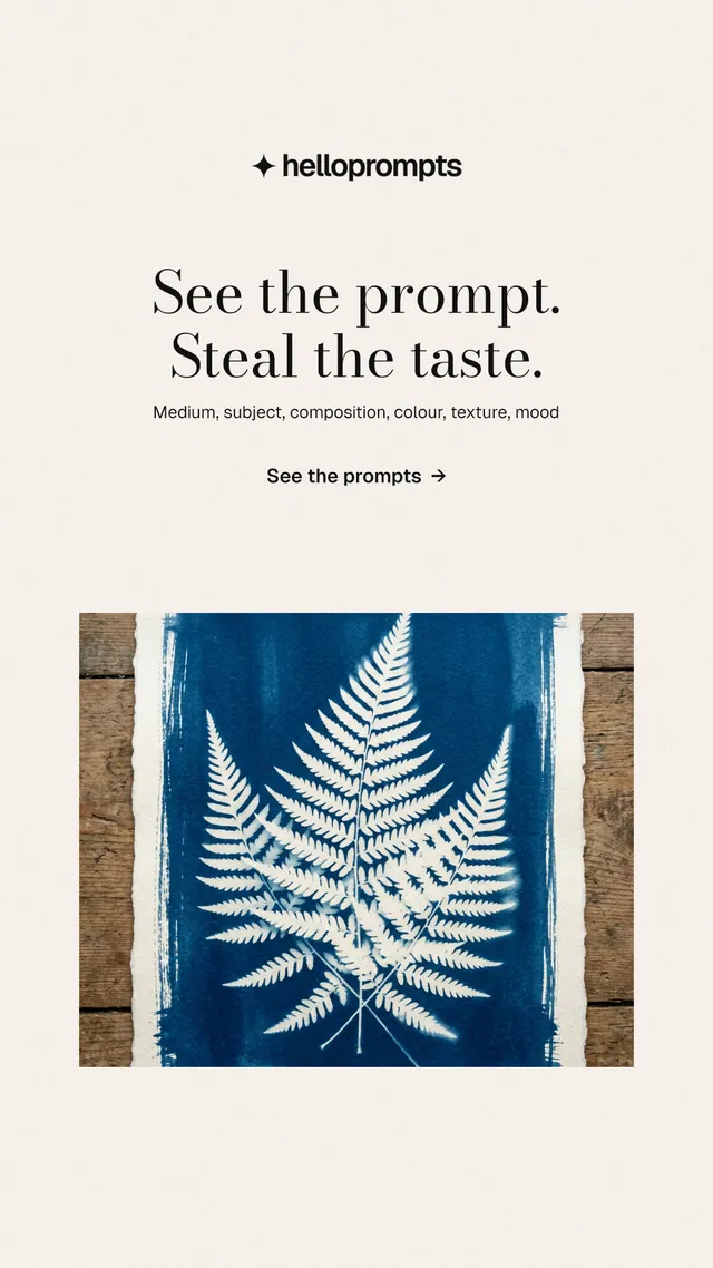 Instagram story for HelloPrompts: "See the prompt. Steal the taste." Minimal luxury style, centred layout, light palette in white, blue.