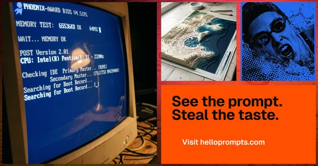 Social ad for HelloPrompts: "See the prompt. Steal the taste." Swiss style, collage layout, dark palette in blue, orange, red.