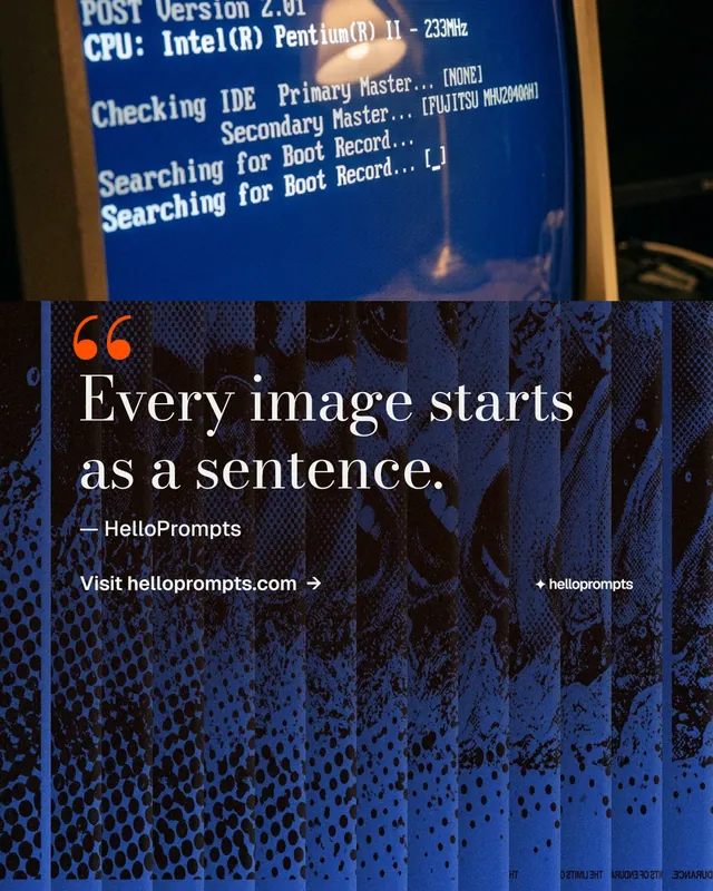 Instagram portrait post for HelloPrompts: "Every image starts as a sentence." Minimal luxury style, quote layout, dark palette in blue, black.