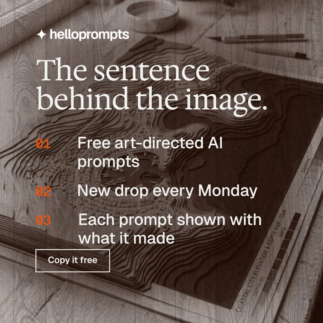 Instagram post for HelloPrompts: "The sentence behind the image." Editorial style, numbered layout, dark palette in grey, orange.