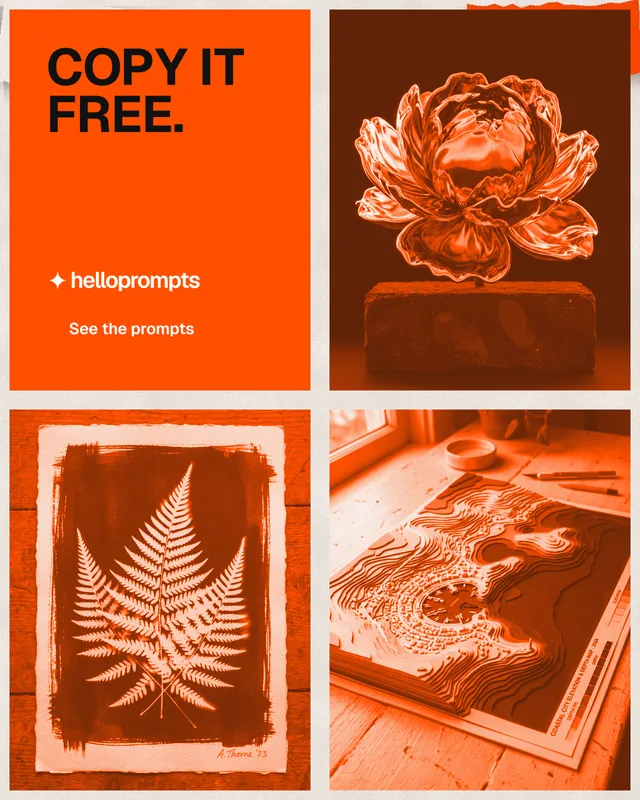 Instagram portrait post for HelloPrompts: "Copy it free." Retro print style, collage layout, light palette in orange.