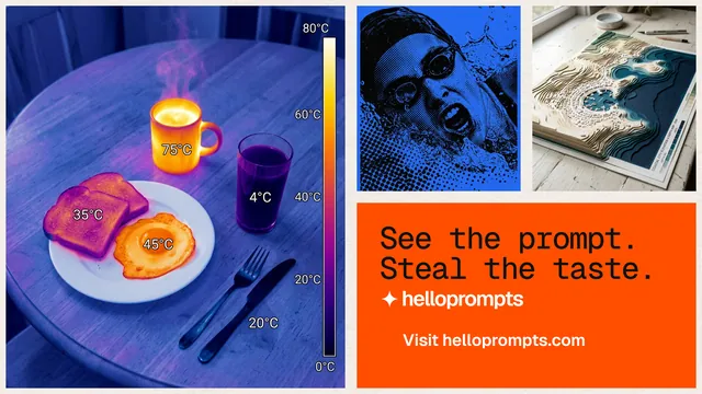 Landscape graphic for HelloPrompts: "See the prompt. Steal the taste." Swiss style, collage layout, dark palette in blue, red, white.