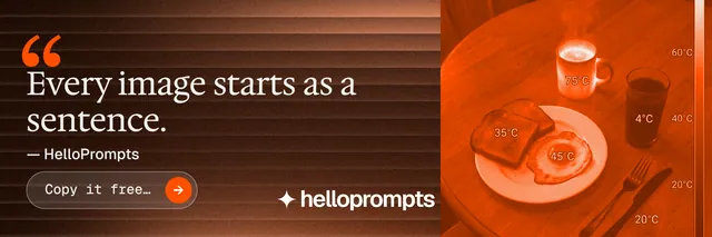X header for HelloPrompts: "Prompts that show their work." Agentic glass style, quote layout, dark palette in orange, brown.