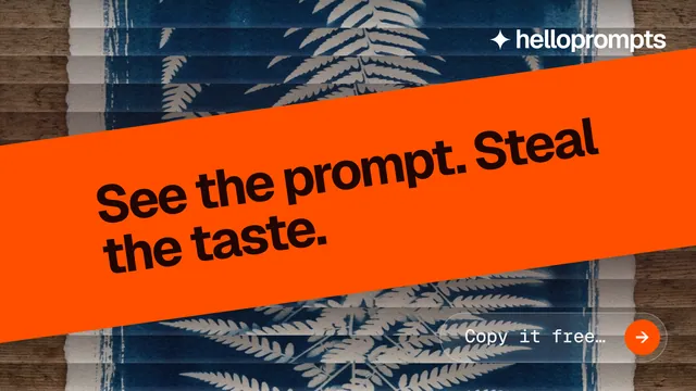 Landscape graphic for HelloPrompts: "See the prompt. Steal the taste." Agentic glass style, diagonal layout, dark palette in orange, blue.