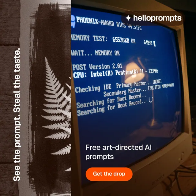 Instagram post for HelloPrompts: "See the prompt. Steal the taste." Photo poster style, vertical layout, dark palette in orange, blue, black.