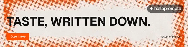 LinkedIn banner for HelloPrompts: "Taste, written down." Retro print style, poster layout, light palette in orange, brown.