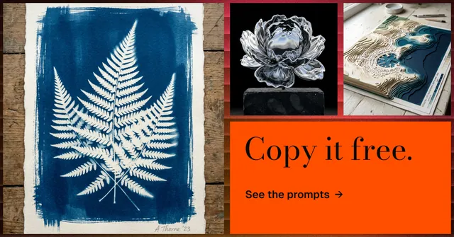 Social ad for HelloPrompts: "Copy it free." Minimal luxury style, collage layout, dark palette in brown, blue, grey.