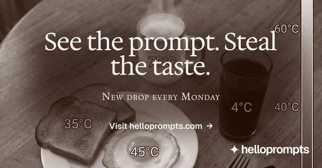 Social ad for HelloPrompts: "See the prompt. Steal the taste." Editorial style, smallcaps layout, dark palette in grey, orange.