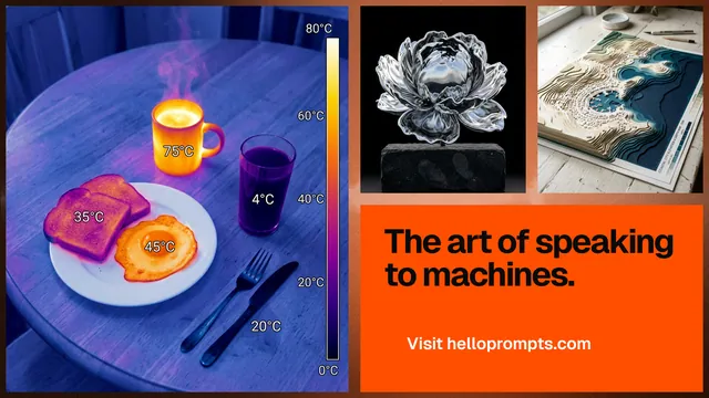 Landscape graphic for HelloPrompts: "The art of speaking to machines." Swiss style, collage layout, dark palette in grey, red, blue.