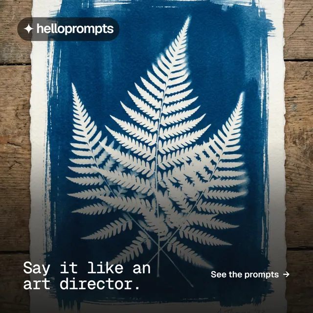 Instagram post for HelloPrompts: "Say it like an art director." Swiss style, image led layout, dark palette in blue, black, grey.