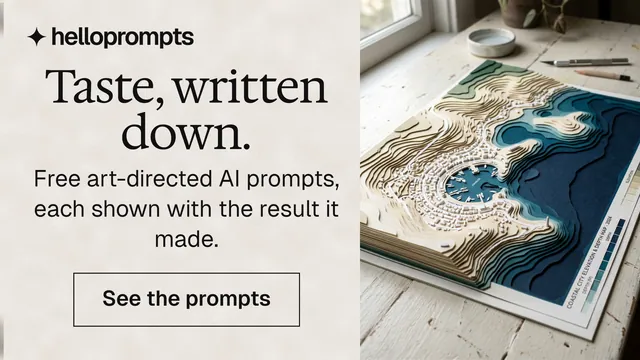 Landscape graphic for HelloPrompts: "Taste, written down." Editorial style, skeleton layout, light palette in grey, orange.