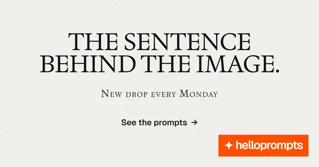 Social ad for HelloPrompts: "The sentence behind the image." Swiss style, smallcaps layout, light palette in white, orange.
