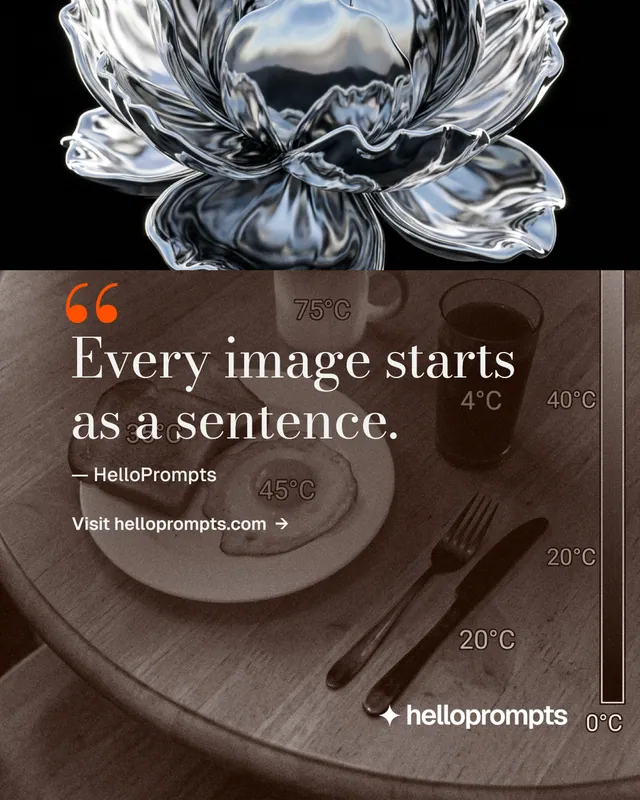 Instagram portrait post for HelloPrompts: "Every image starts as a sentence." Minimal luxury style, quote layout, dark palette in orange, grey, black.