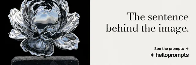 X header for HelloPrompts: "The sentence behind the image." Minimal luxury style, right layout, light palette in white, black, grey.