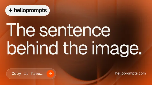 Landscape graphic for HelloPrompts: "The sentence behind the image." Agentic glass style, poster layout, dark palette in orange, brown.