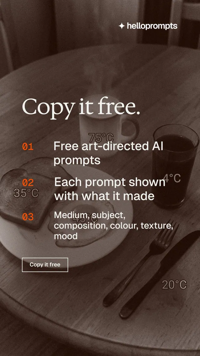 Instagram story for HelloPrompts: "Copy it free." Editorial style, numbered layout, dark palette in orange, grey.