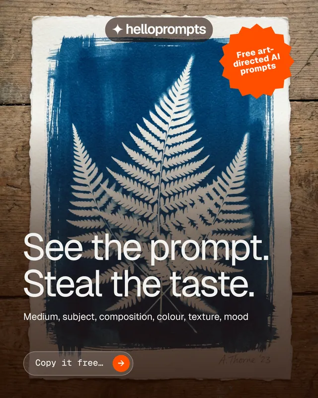 Instagram portrait post for HelloPrompts: "See the prompt. Steal the taste." Agentic glass style, sticker layout, dark palette in orange, blue, grey.