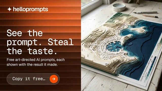 Landscape graphic for HelloPrompts: "See the prompt. Steal the taste." Agentic glass style, bottom layout, dark palette in black, orange, grey.