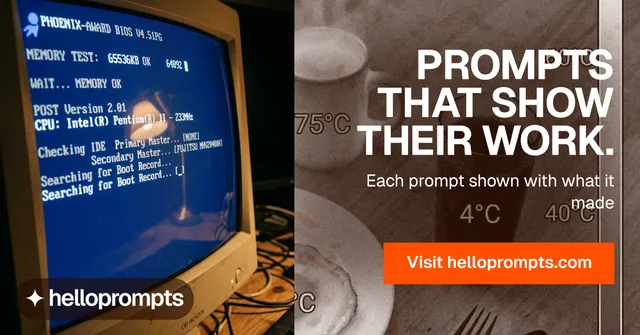 Social ad for HelloPrompts: "Prompts that show their work." Swiss style, right layout, dark palette in brown, blue, orange.