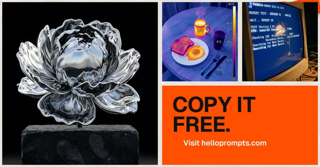 Social ad for HelloPrompts: "Copy it free." Swiss style, collage layout, dark palette in black, red, grey.