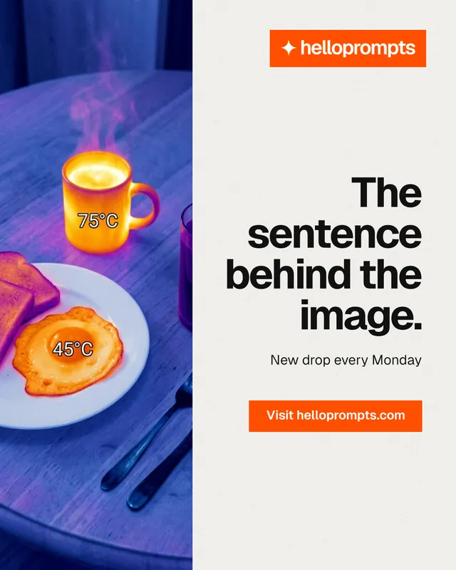 Instagram portrait post for HelloPrompts: "The sentence behind the image." Swiss style, right layout, light palette in white, blue, grey.