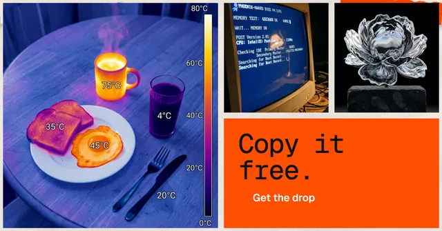 Social ad for HelloPrompts: "Copy it free." Swiss style, collage layout, dark palette in grey, red, blue.