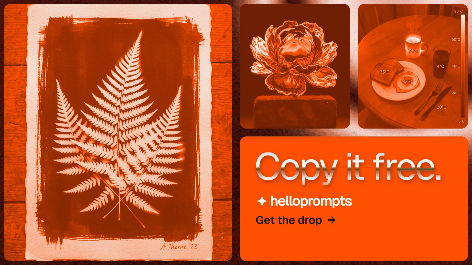 Landscape graphic for HelloPrompts: "Copy it free." Agentic glass style, collage layout, dark palette in orange.