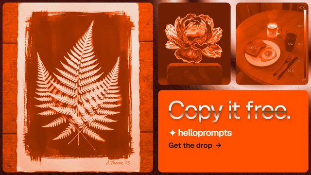 Landscape graphic for HelloPrompts: "Copy it free." Agentic glass style, collage layout, dark palette in orange.