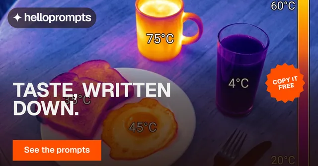 Social ad for HelloPrompts: "Taste, written down." Swiss style, sticker layout, dark palette in purple, blue, red.
