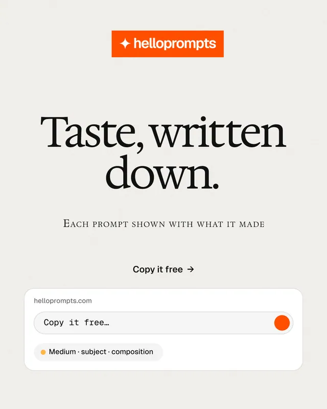 Instagram portrait post for HelloPrompts: "Taste, written down." Swiss style, smallcaps layout, light palette in white, orange.