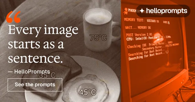 Social ad for HelloPrompts: "Taste, written down." Editorial style, quote layout, dark palette in orange, brown, grey.