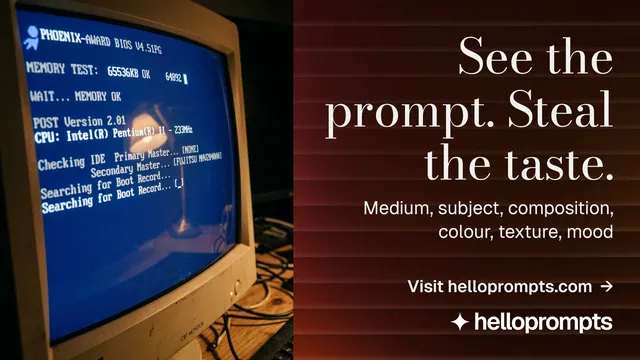 Landscape graphic for HelloPrompts: "See the prompt. Steal the taste." Minimal luxury style, right layout, dark palette in red, black, blue.