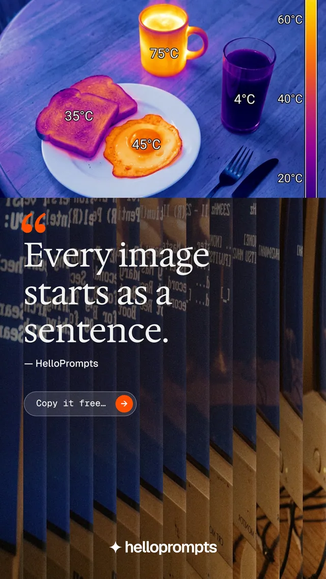 Instagram story for HelloPrompts: "Every image starts as a sentence." Agentic glass style, quote layout, dark palette in blue, pink, grey.
